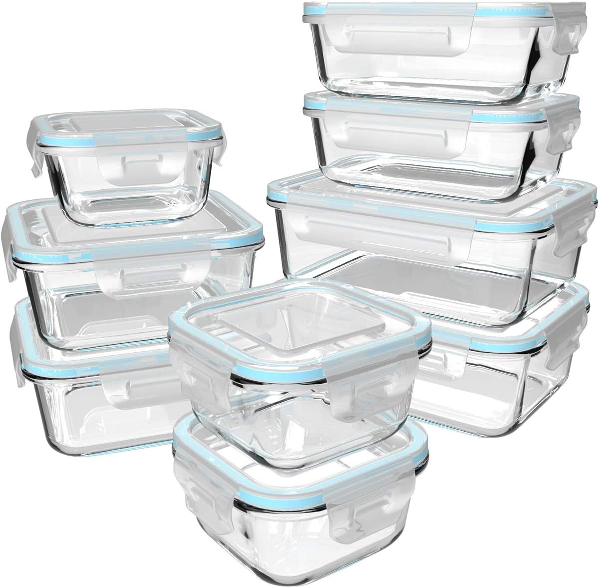 Glass Container Set - 蓋付きのガラス製食品保存容器18個入り。9個の容器と9個の蓋が付属。BPAフリーで、液漏れしにくいガラス製の食事準備セット。