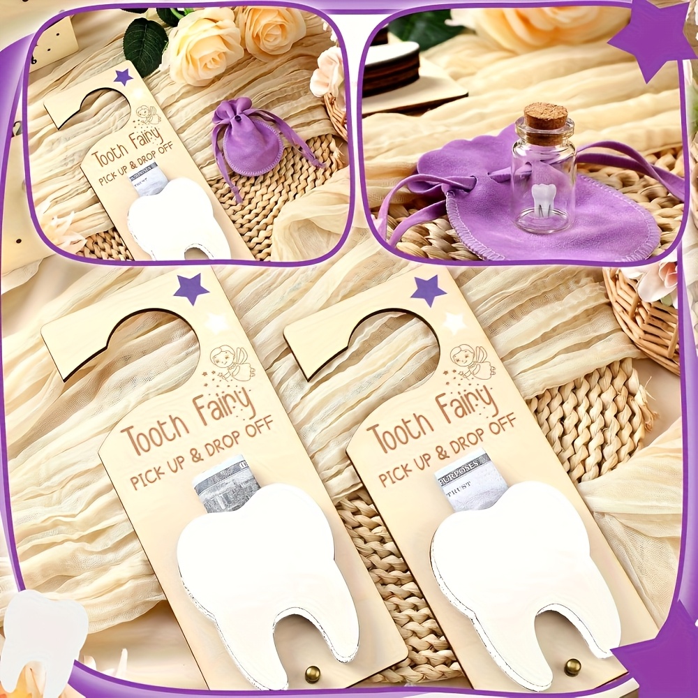 Glass Container Set - 歯の妖精のドアサイン装飾、乳歯の記念品ボックスセット（木製歯のペンダント、ガラス瓶、収納袋が含まれています）、歯の交換時期や誕生日パーティーへのギフトに最適です。