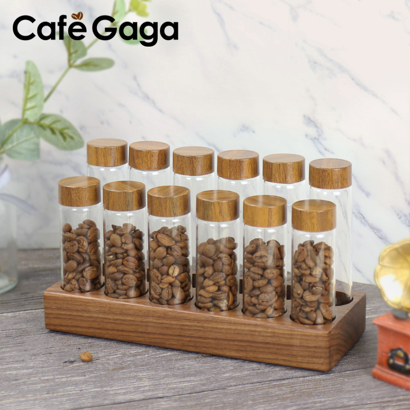 Glass Container Set - コーヒーの種類の収納容器,ガラス管のディスプレイラック,個別のドグルボトル,エスプレッソアクセサリー,17g, 22g
