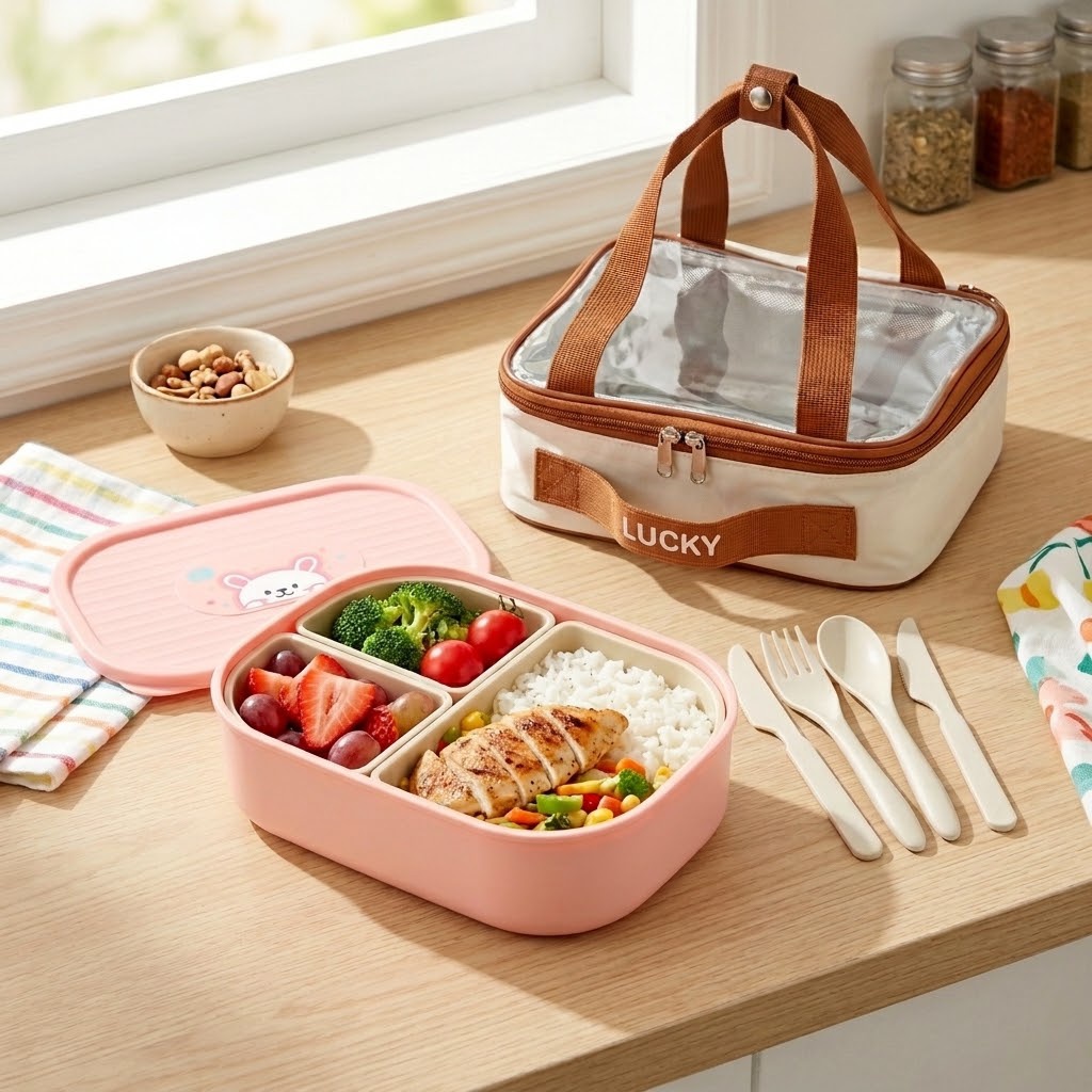 Meal Prep Kinder - かわいい子供用弁当箱、学校やオフィス向け、3コンパートメントプラスチック製ランチボックス、電子レンジ対応、仕切り付き食事準備用食品保存容器