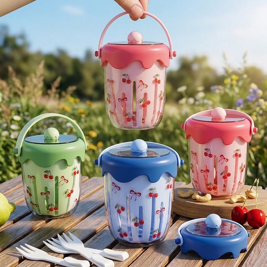 Meal Prep Kinder - プラスチック製オーバーナイトオーツ容器（蓋付き）子供用学校給食食品保存容器フルーツサラダヨーグルトカップ（フォークハンドルストレーナー付き）