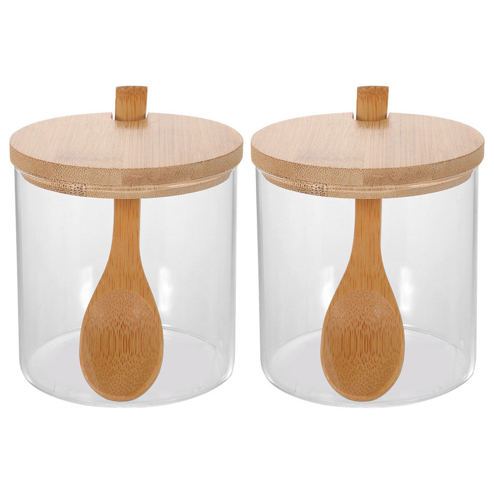 Glass Container Set - 透明なガラス製の調味料入れ2個セット。竹製の蓋とスプーン付き。食品グレードの塩、砂糖、スパイスなどを保管できる、キッチン用の調味料入れセット。