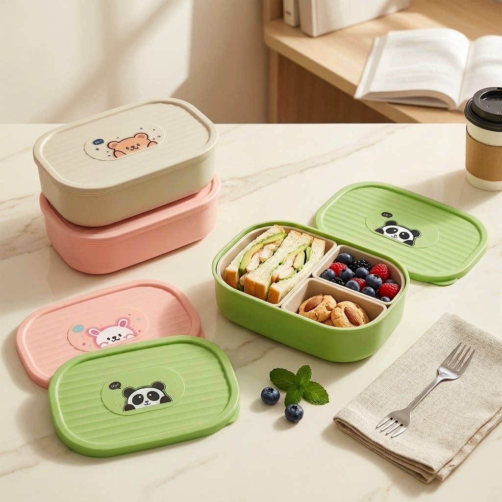 Meal Prep Microwave - かわいいプラスチック製の分割ランチボックス子供学生用ポータブル密封された取り外し可能な3グリッドフルーツサラダ食品容器電子レンジ対応