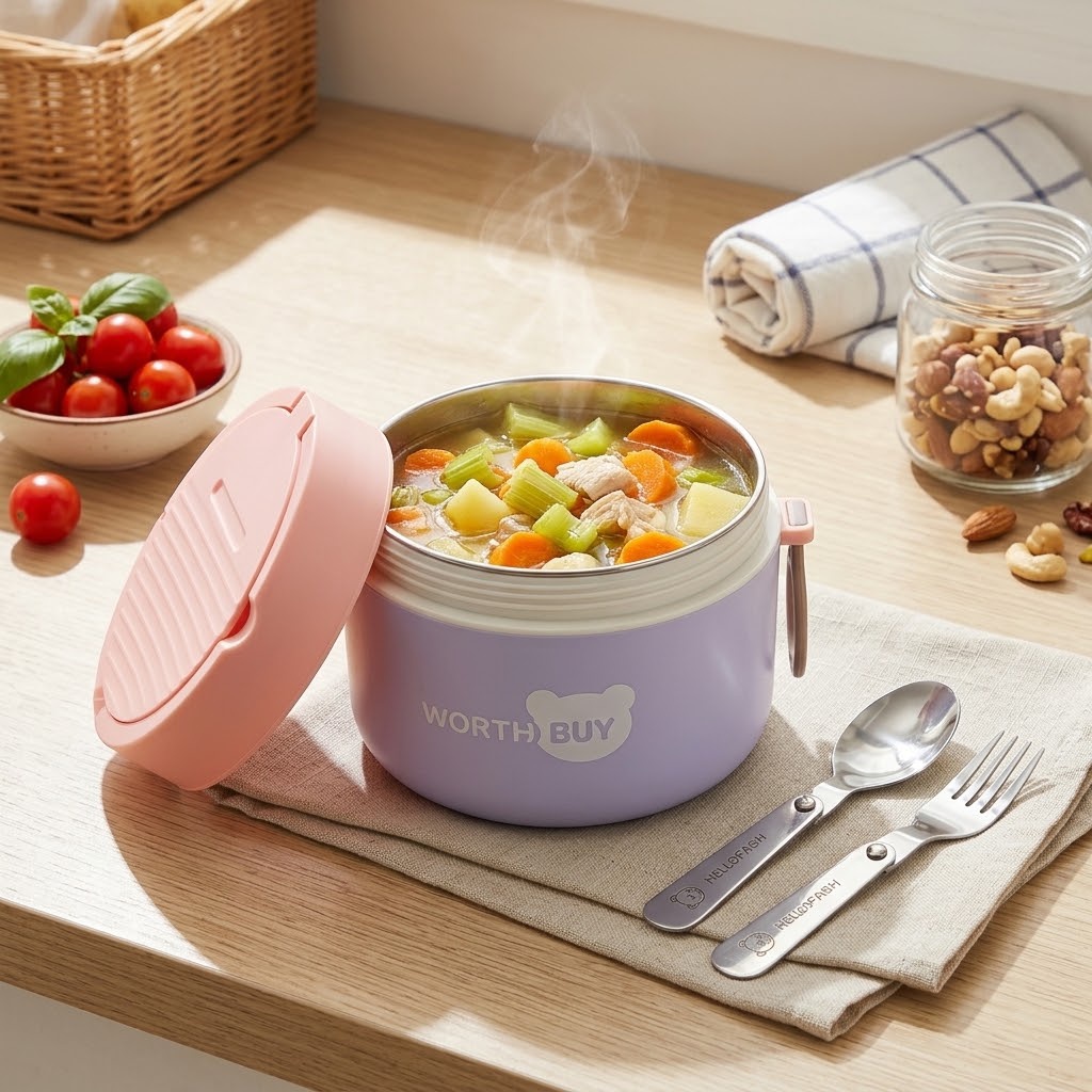 Meal Prep Microwave - 304ステンレス製保温ランチボックス 子供用学校弁当箱 電子レンジ対応食品保存容器 密閉型スープサーモス カトラリー付き