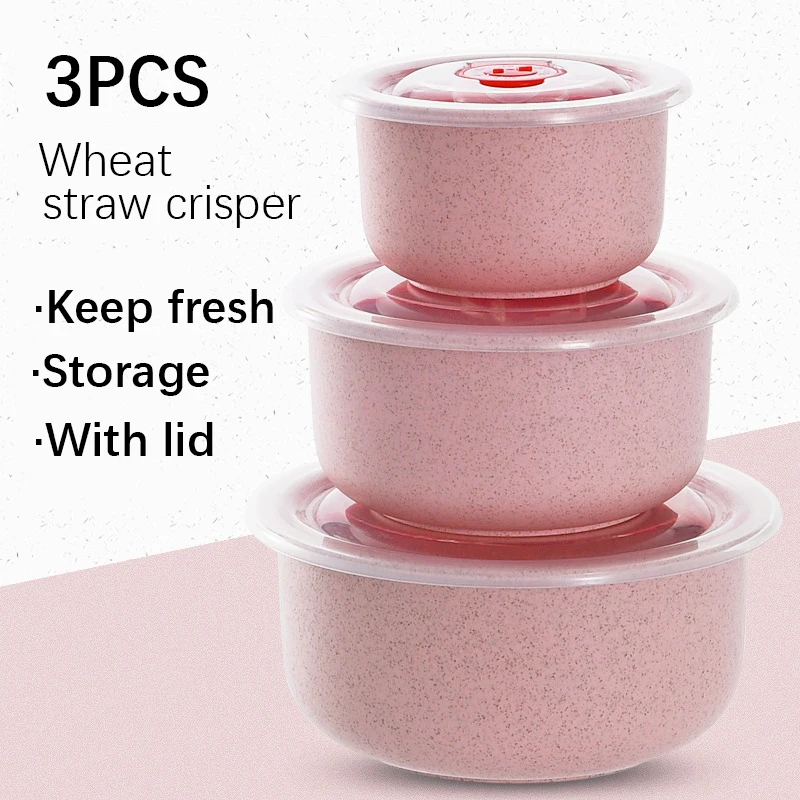 Meal Prep Microwave - 小麦わら鮮度保持ボウル 3 点セット 蓋付き 家庭用電子レンジ対応プラスチック製ラウンドランチボックス