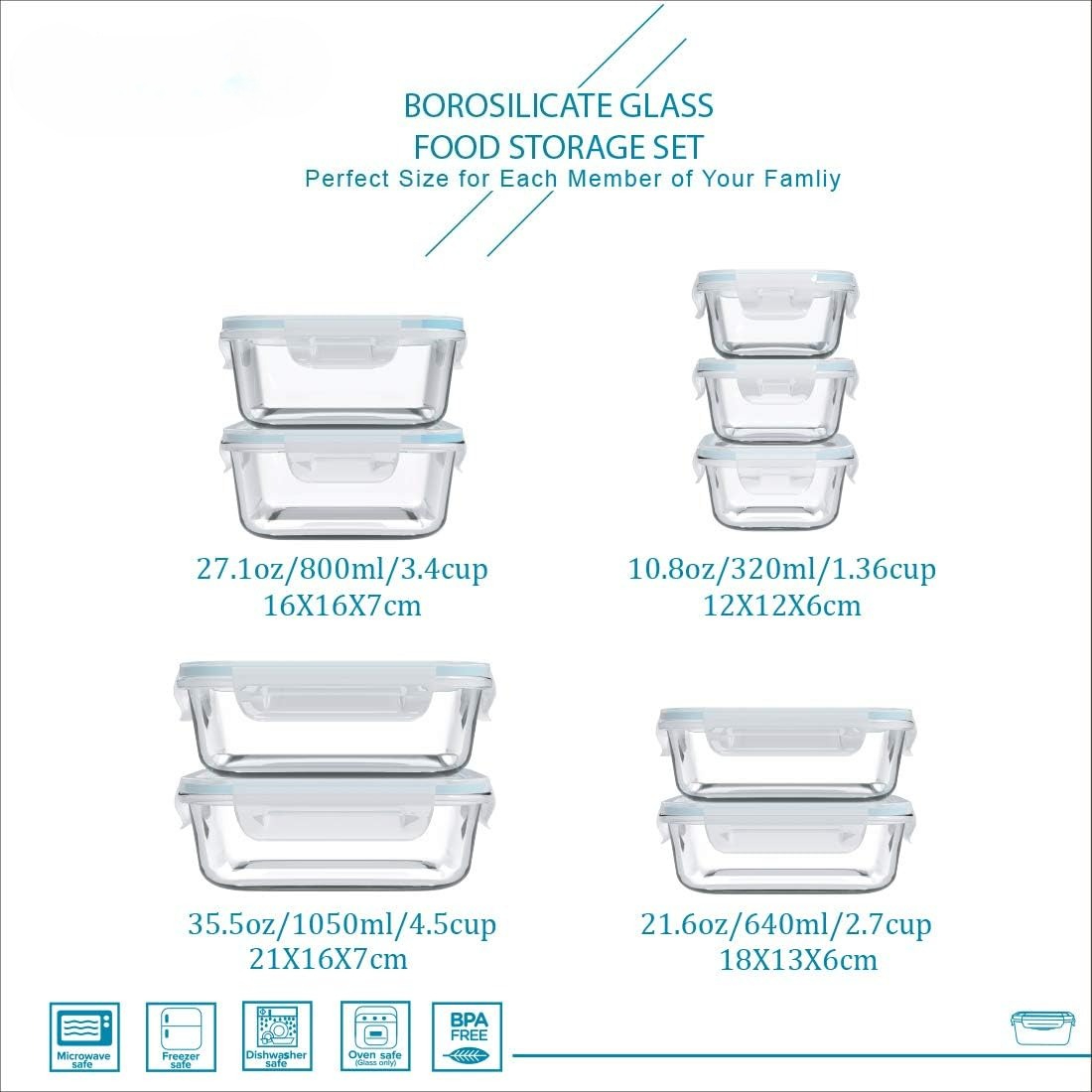 蓋付きのガラス製食品保存容器18個入り。9個の容器と9個の蓋 - Glass Container Set のレビューと価格