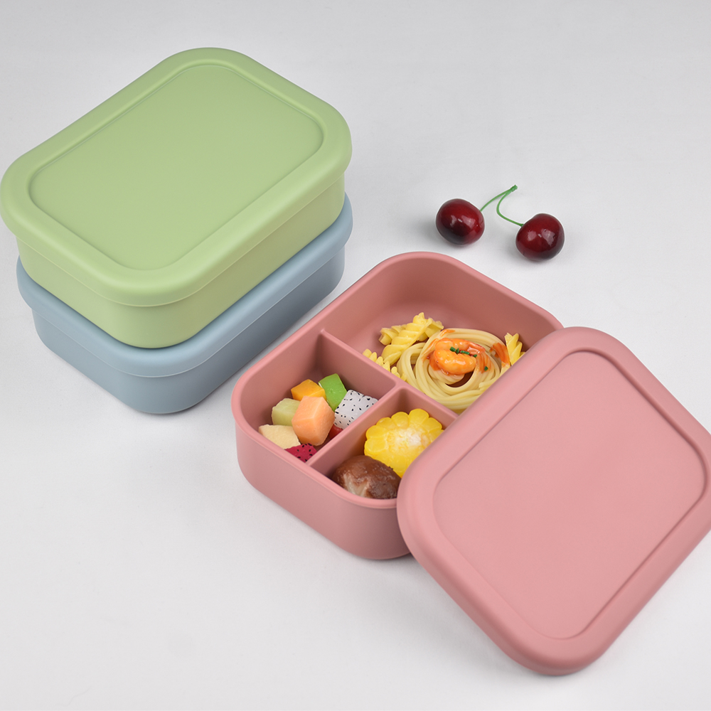 3つのコンパートメントに分かれた食品グレードシリコン製弁当箱 - Meal Prep Kinder のレビューと価格