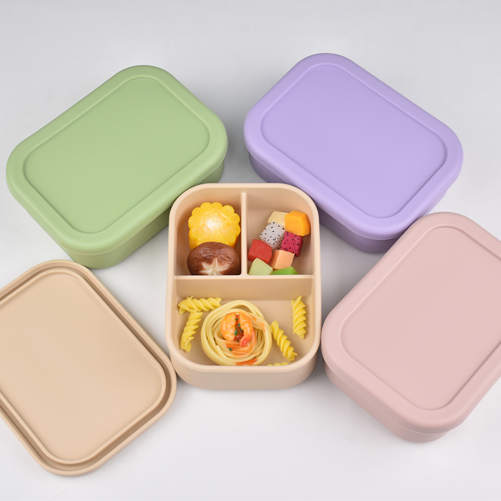 3つのコンパートメントに分かれた食品グレードシリコン製弁当箱 - Meal Prep Kinder のレビューと価格