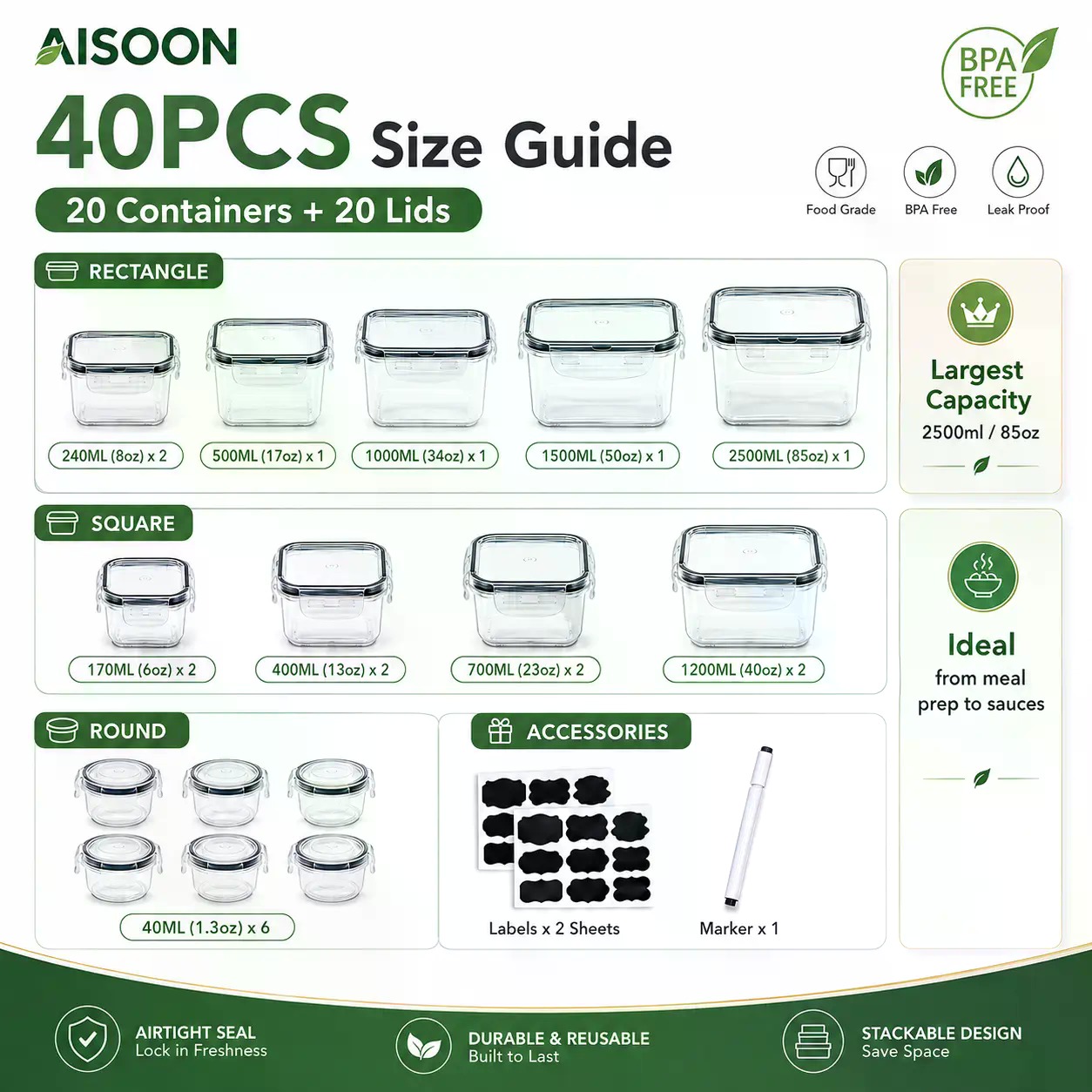 40個入り特大85オンスシリコン製密閉食品保存容器セット（容 - Meal Prep Kits のレビューと価格