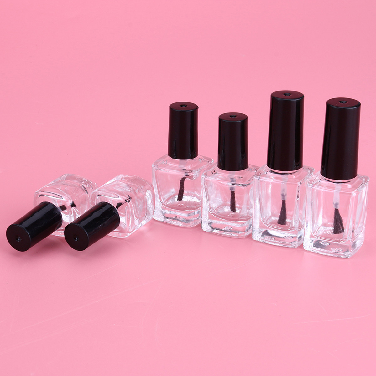 6本セットの空のネイルポリッシュボトル。正方形の透明ガラス製 - Glass Container Set のレビューと価格