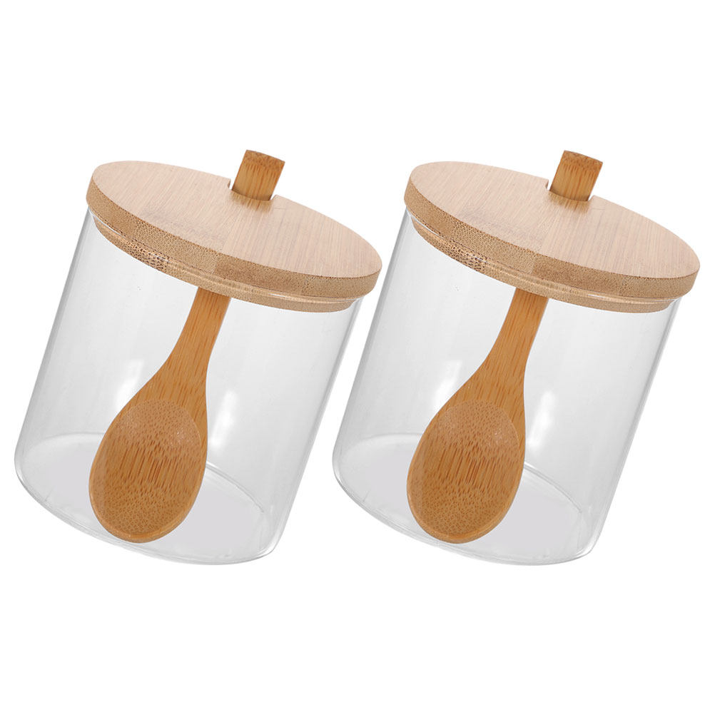 透明なガラス製の調味料入れ2個セット。竹製の蓋とスプーン付き - Glass Container Set のレビューと価格