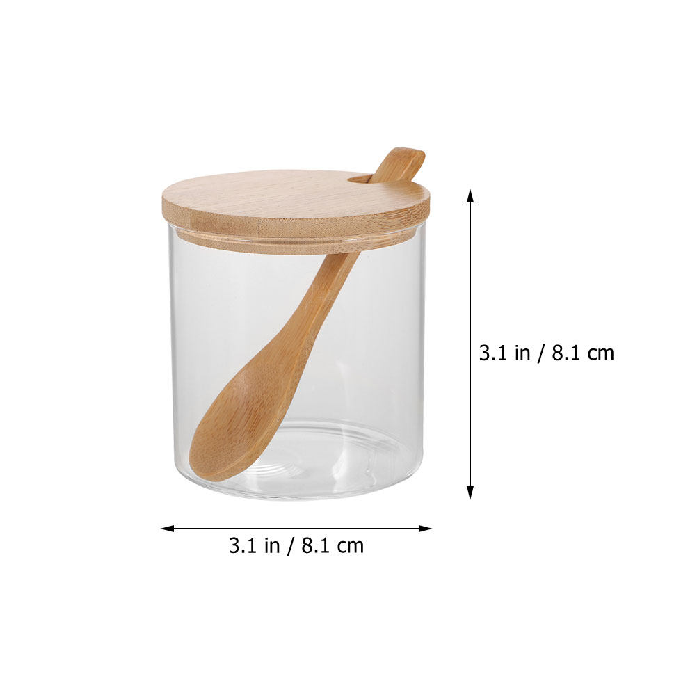 透明なガラス製の調味料入れ2個セット。竹製の蓋とスプーン付き - Glass Container Set のレビューと価格